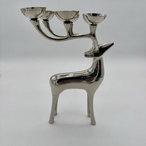 Reindeer Candle Holder Silver Tone 6 Point Metal Christmas Holiday Candelabra